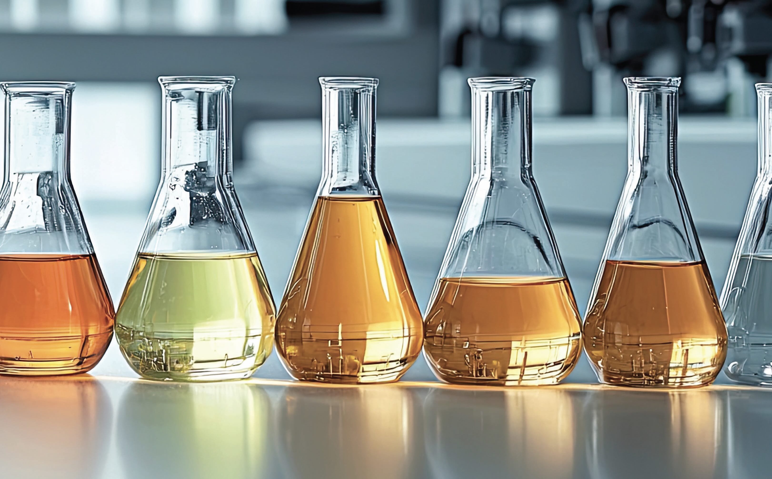 A row of Erlenmeyer flasks containing golden liguids.