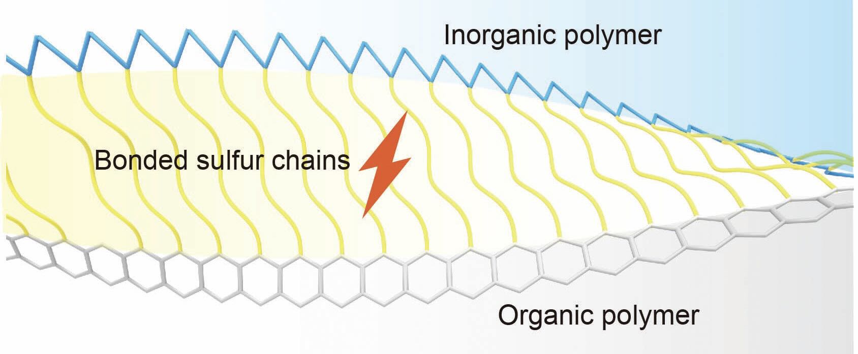 A schematic of the sulfurized polymer hybrid network illustrates the proposed way that sulfur chains are tethered to organic and inorganic polymers.